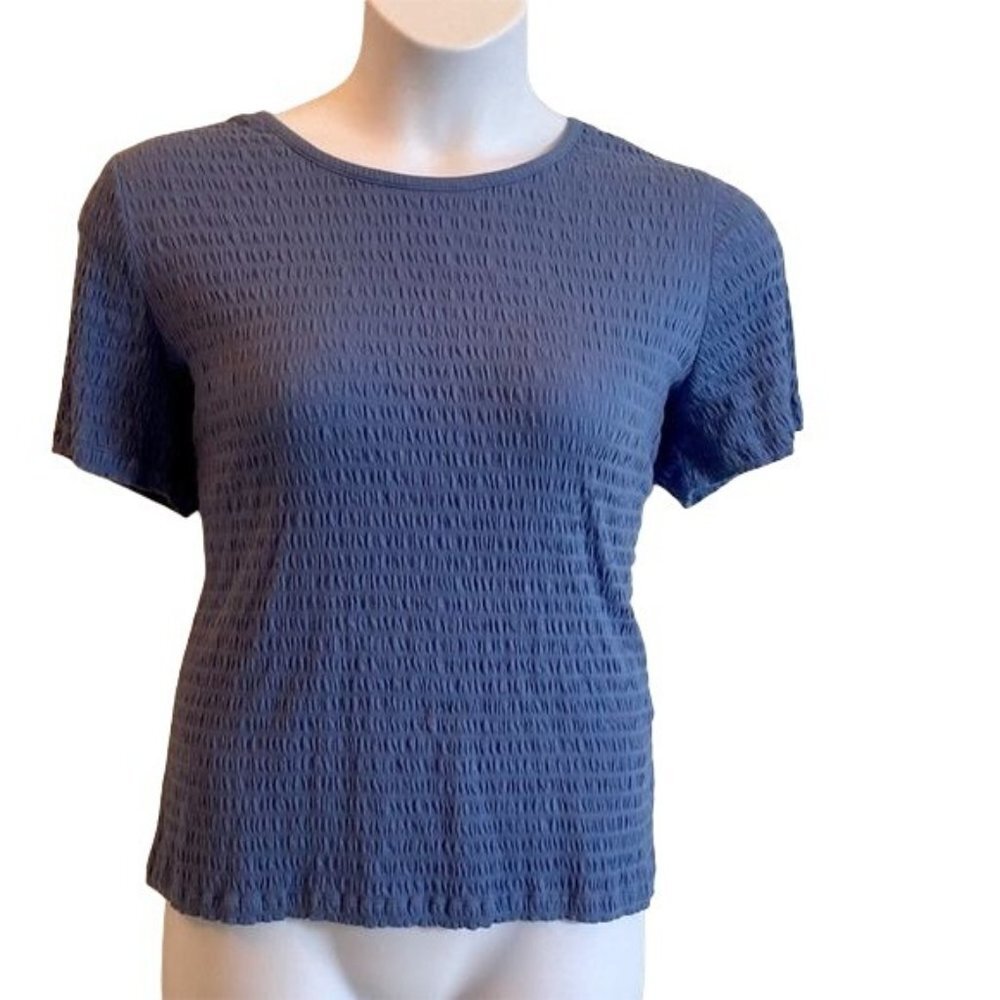 Appleseed Short Sleeve Solid Blue Textured Top Petite Large